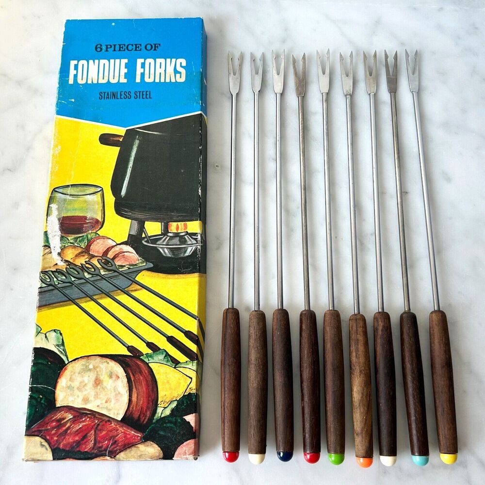 Vintage Fondue Forks Set 9 Stainless Steel Wood Handles Color Tips Box MCM